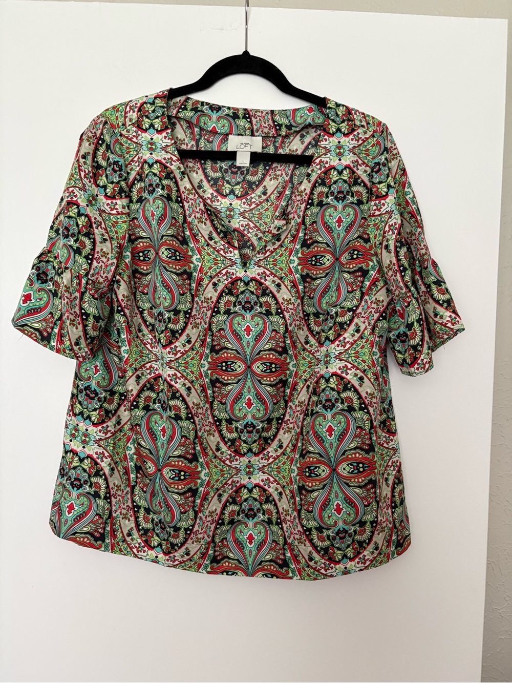 LOFT Paisley V-Neck Blouse in Green, Red, Black